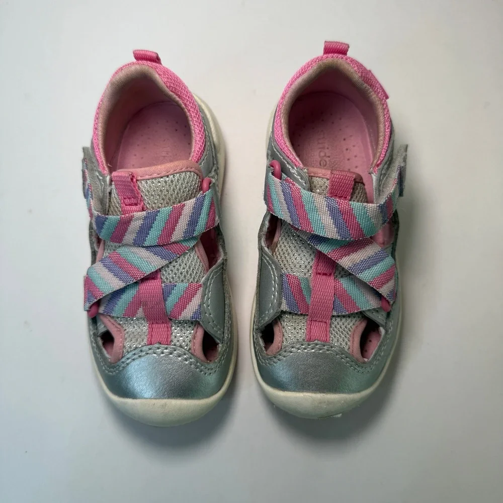 Stride Rite SRT Surf Toddler Sandals Silver Pink Striped Girls Size 6.5